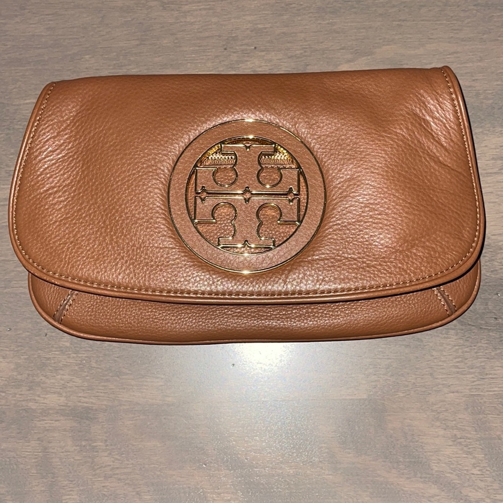 Tory Burch Brown Leather Crossbody Clutch with Gold Logo